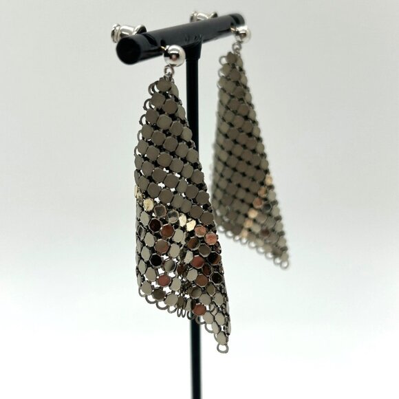 Vintage Silver-Tone Mesh Dangle Earrings Two-Tone Geometric Chic Chainmail - Picture 6 of 13